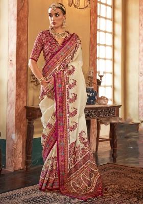White Poly Blend Embroidered Saree