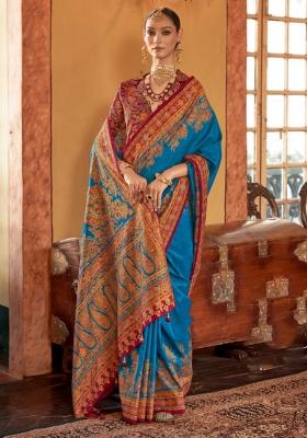 Blue Poly Blend Embroidered Saree