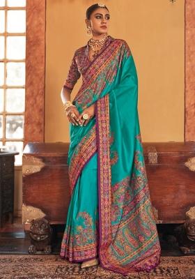 Blue Poly Blend Embroidered Saree