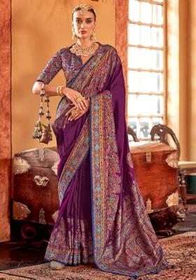 Wine Poly Blend Embroidered Saree
