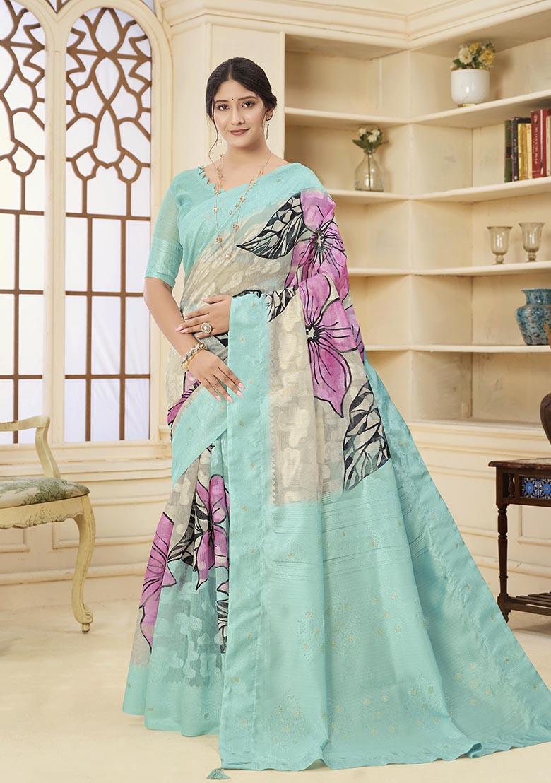 Sea Green Wevon Jacquard Designer, Printed Rich Silk Saree Set