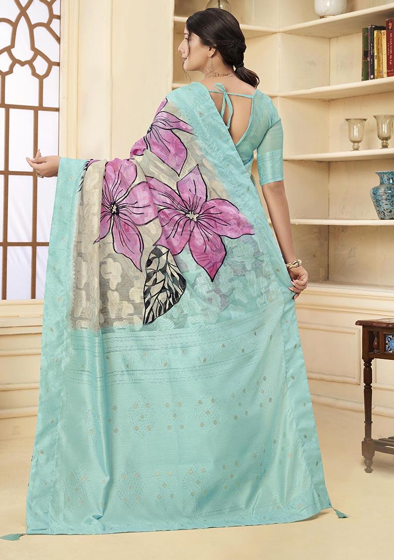 Sea Green Wevon Jacquard Designer, Printed Rich Silk Saree Set