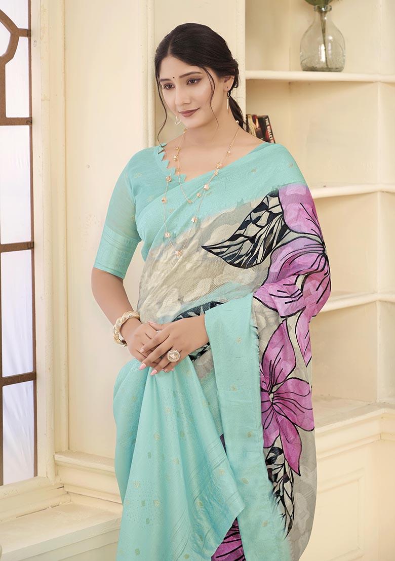 Sea Green Wevon Jacquard Designer, Printed Rich Silk Saree Set