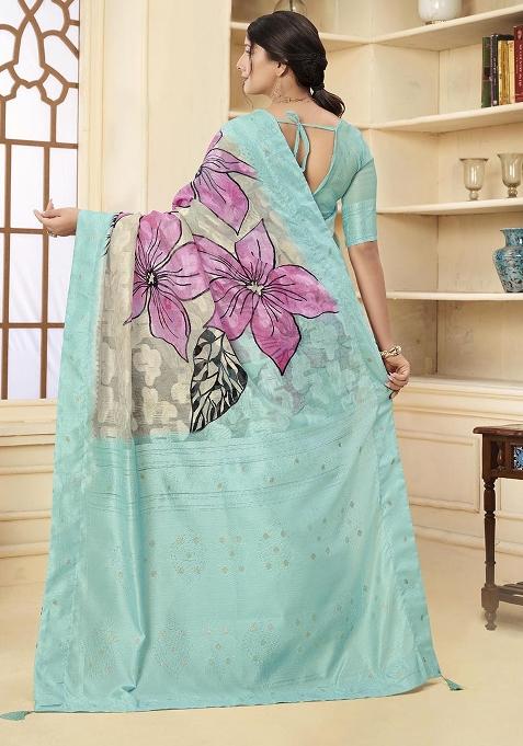 Sea Green Wevon Jacquard Designer, Printed Rich Silk Saree Set