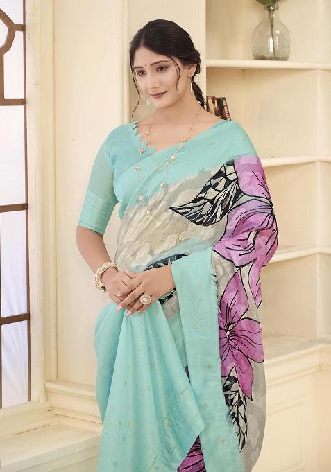 Sea Green Wevon Jacquard Designer, Printed Rich Silk Saree Set