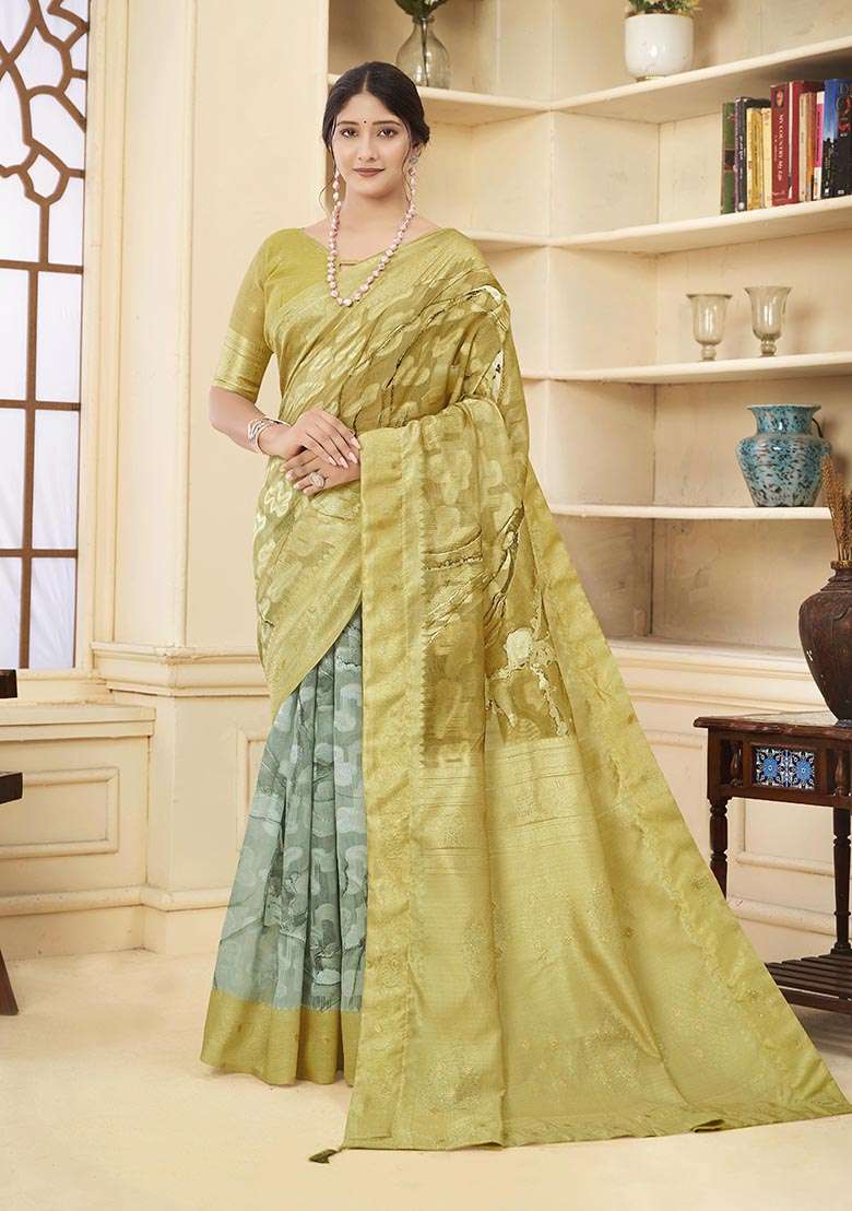 Mustard Yellow Wevon Jacquard Designer, Printed Rich Silk Saree Set - Indya