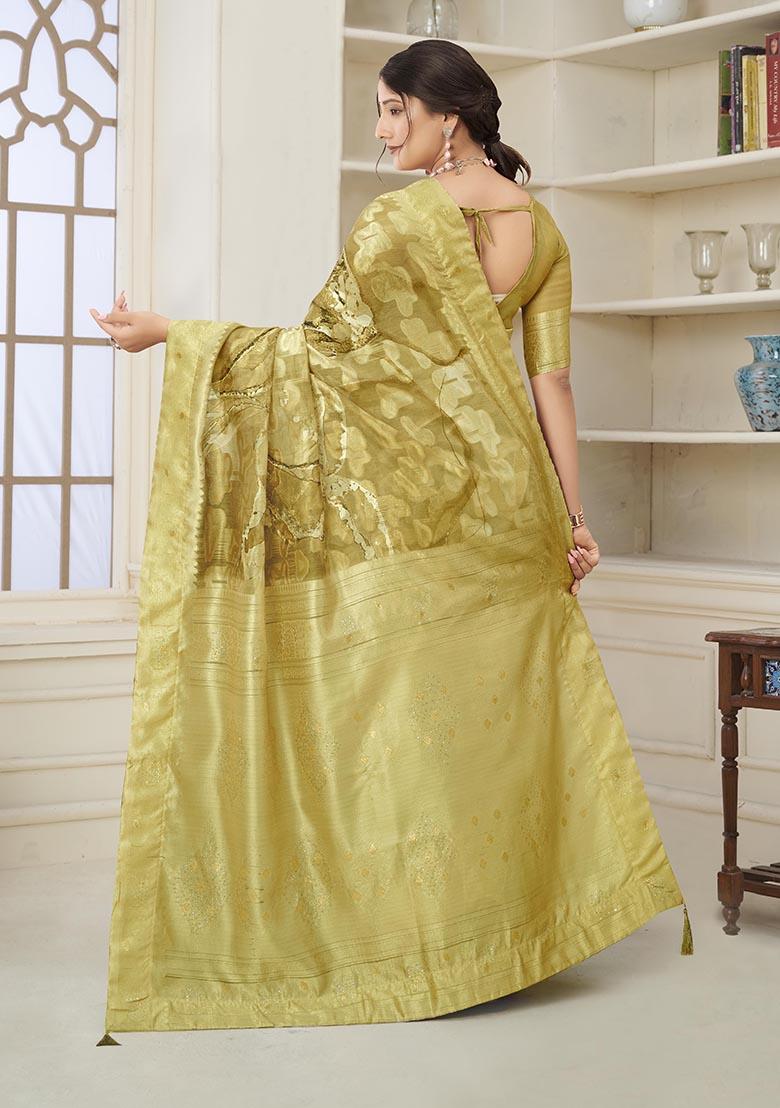 Mustard Yellow Wevon Jacquard Designer, Printed Rich Silk Saree Set