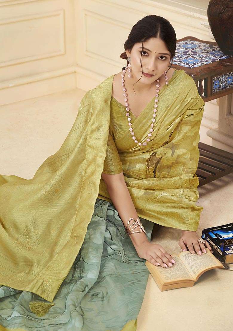 Mustard Yellow Wevon Jacquard Designer, Printed Rich Silk Saree Set - Indya
