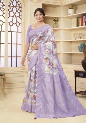 Lavender Wevon Jacquard Designer, Printed Rich Silk Saree Set