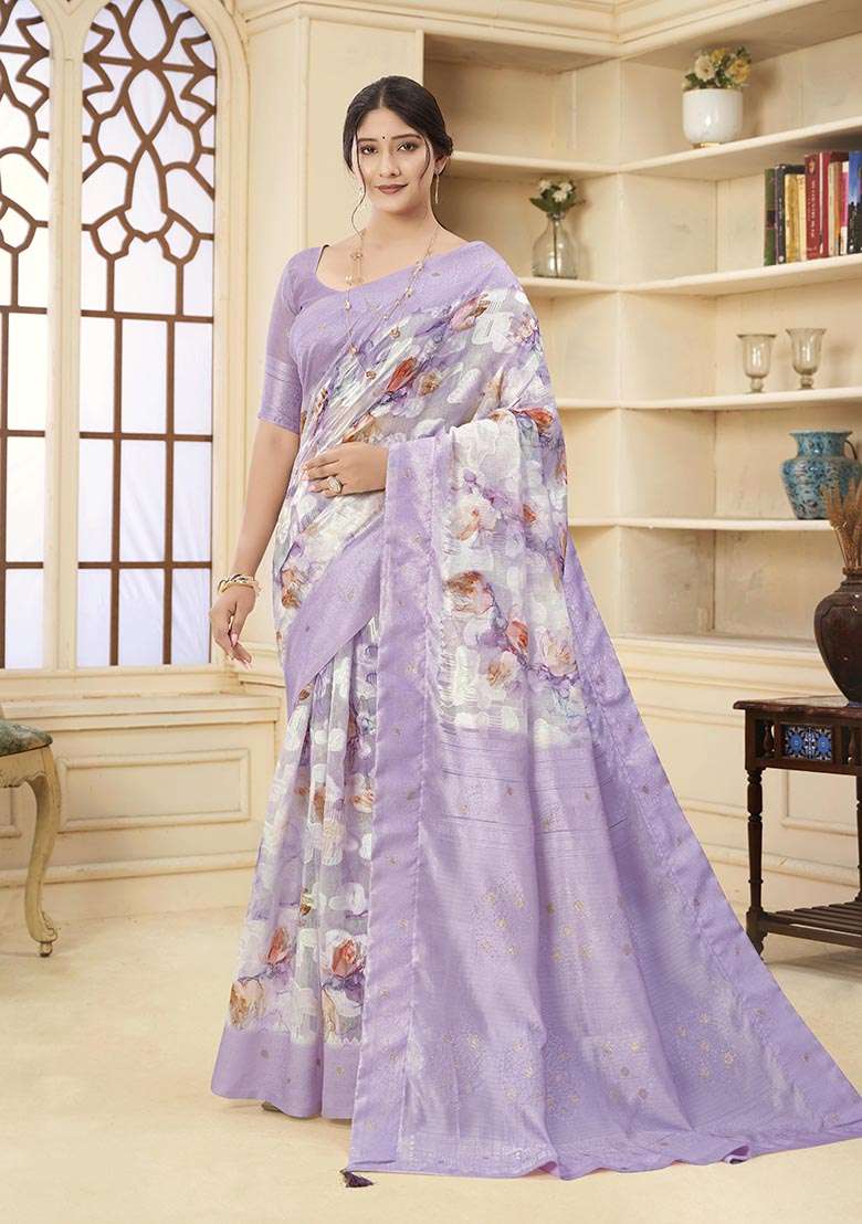 Lavender Wevon Jacquard Designer, Printed Rich Silk Saree Set - Indya