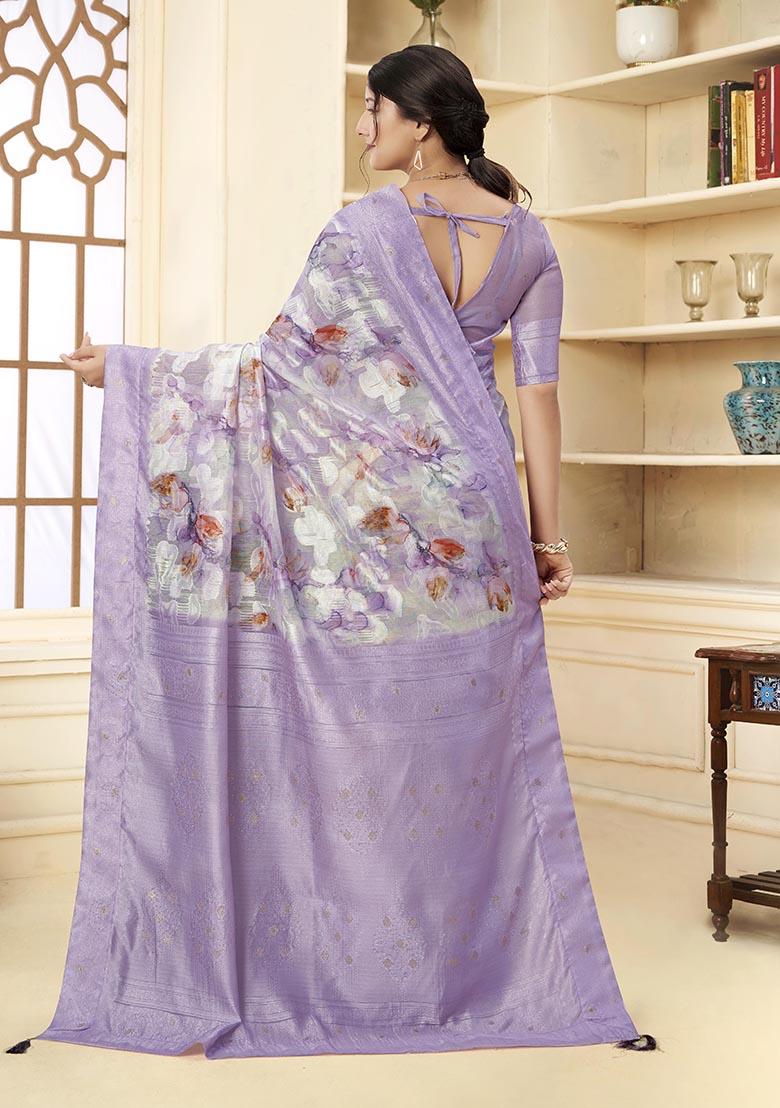 Lavender Wevon Jacquard Designer, Printed Rich Silk Saree Set