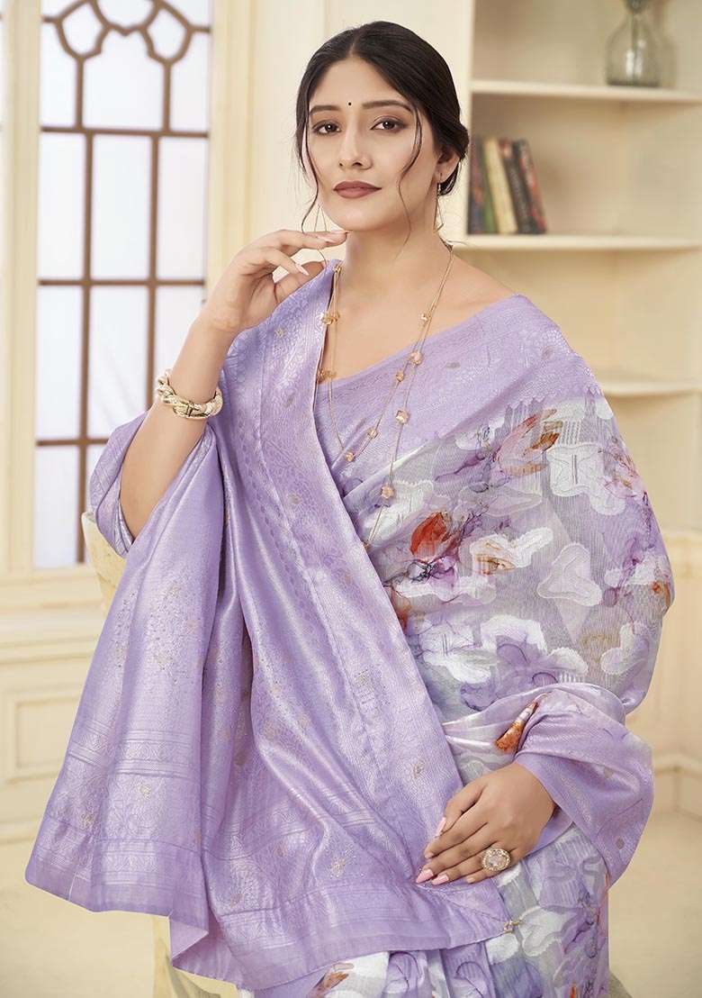 Lavender Wevon Jacquard Designer, Printed Rich Silk Saree Set - Indya