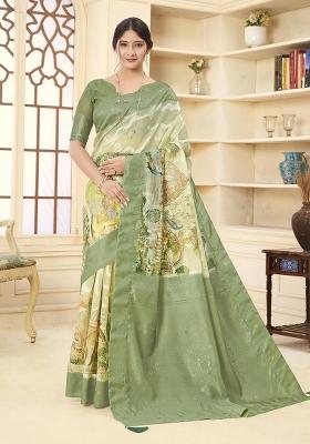 Green Wevon Jacquard Designer, Printed Rich Silk Saree Set