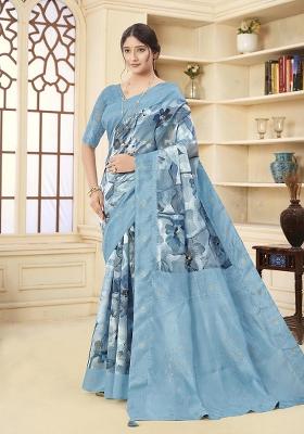 Blue Wevon Jacquard Designer, Printed Rich Silk Saree Set