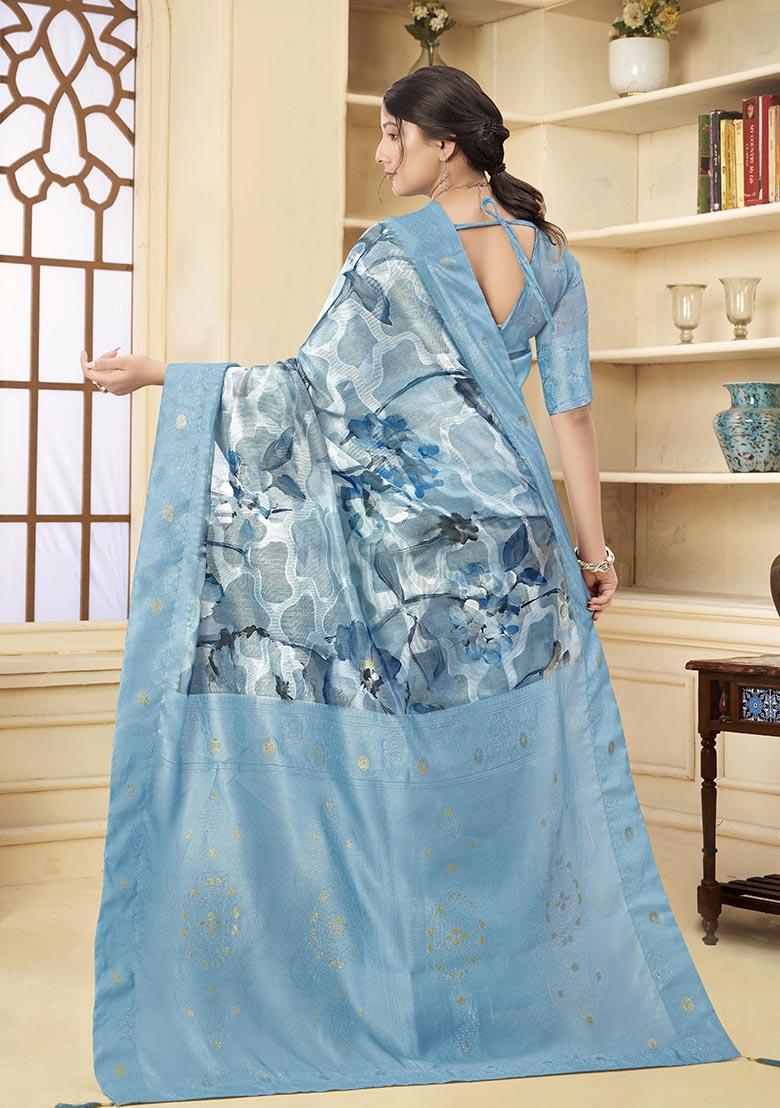 Blue Wevon Jacquard Designer, Printed Rich Silk Saree Set