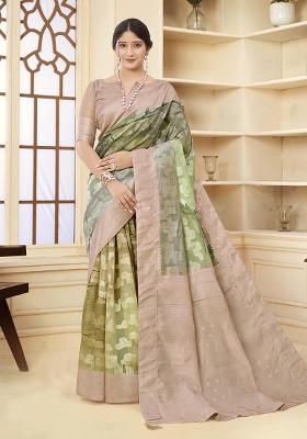 Beige Wevon Jacquard Designer, Printed Rich Silk Saree Set