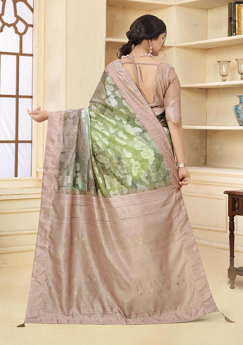 Beige Wevon Jacquard Designer, Printed Rich Silk Saree Set