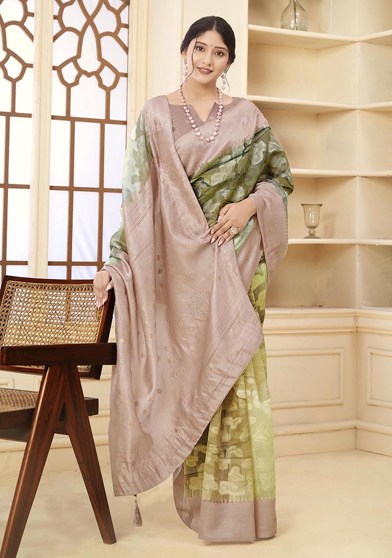 Beige Wevon Jacquard Designer, Printed Rich Silk Saree Set