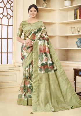 Pista Green Wevon Jacquard Designer, Printed Rich Silk Saree Set