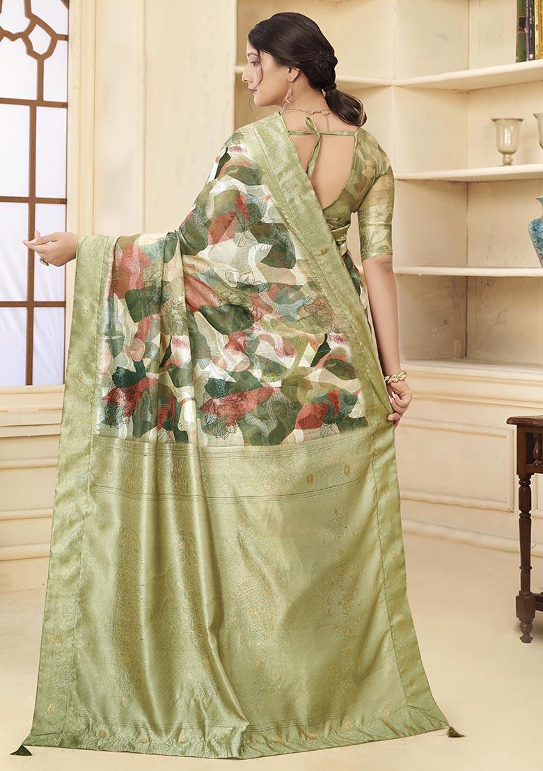 Pista Green Wevon Jacquard Designer, Printed Rich Silk Saree Set
