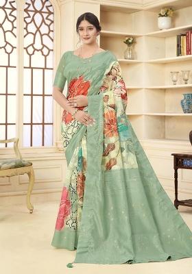 Green Wevon Jacquard Designer, Printed Rich Silk Saree Set