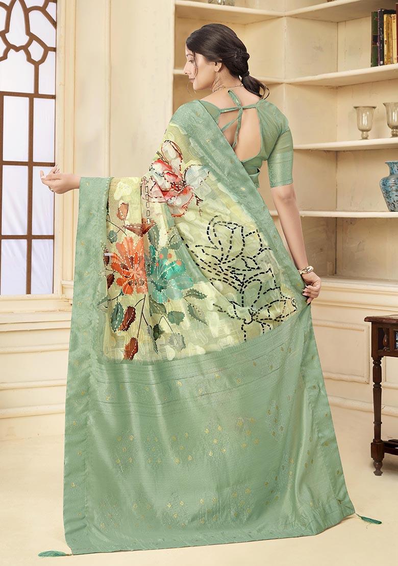 Green Wevon Jacquard Designer, Printed Rich Silk Saree Set