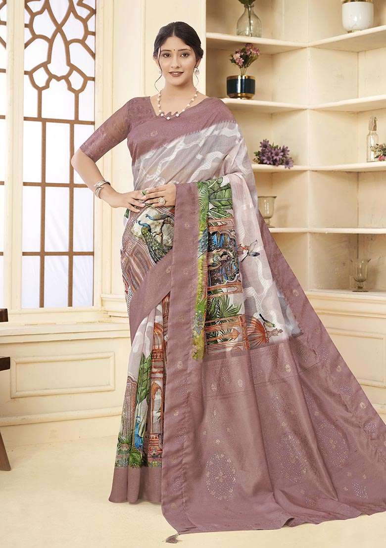 Brown Wevon Jacquard Designer, Printed Rich Silk Saree Set - Indya