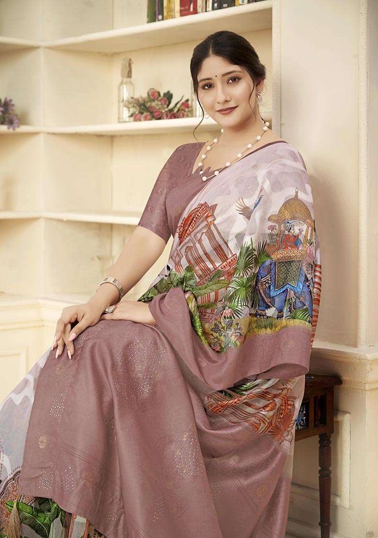 Brown Wevon Jacquard Designer, Printed Rich Silk Saree Set - Indya
