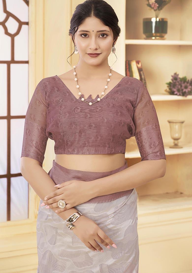 Brown Wevon Jacquard Designer, Printed Rich Silk Saree Set