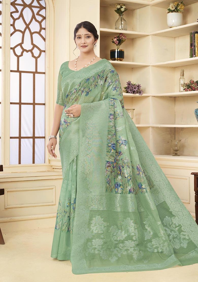 Green Wevon Jacquard Designer, Printed Rich Silk Saree Set