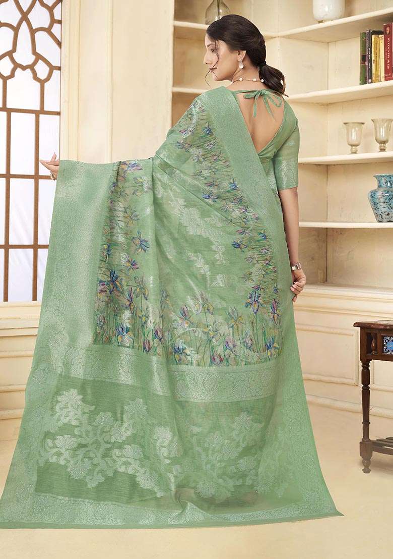 Green Wevon Jacquard Designer, Printed Rich Silk Saree Set - Indya