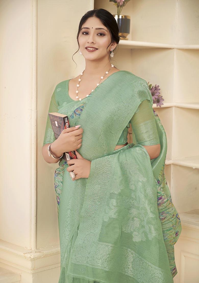 Green Wevon Jacquard Designer, Printed Rich Silk Saree Set