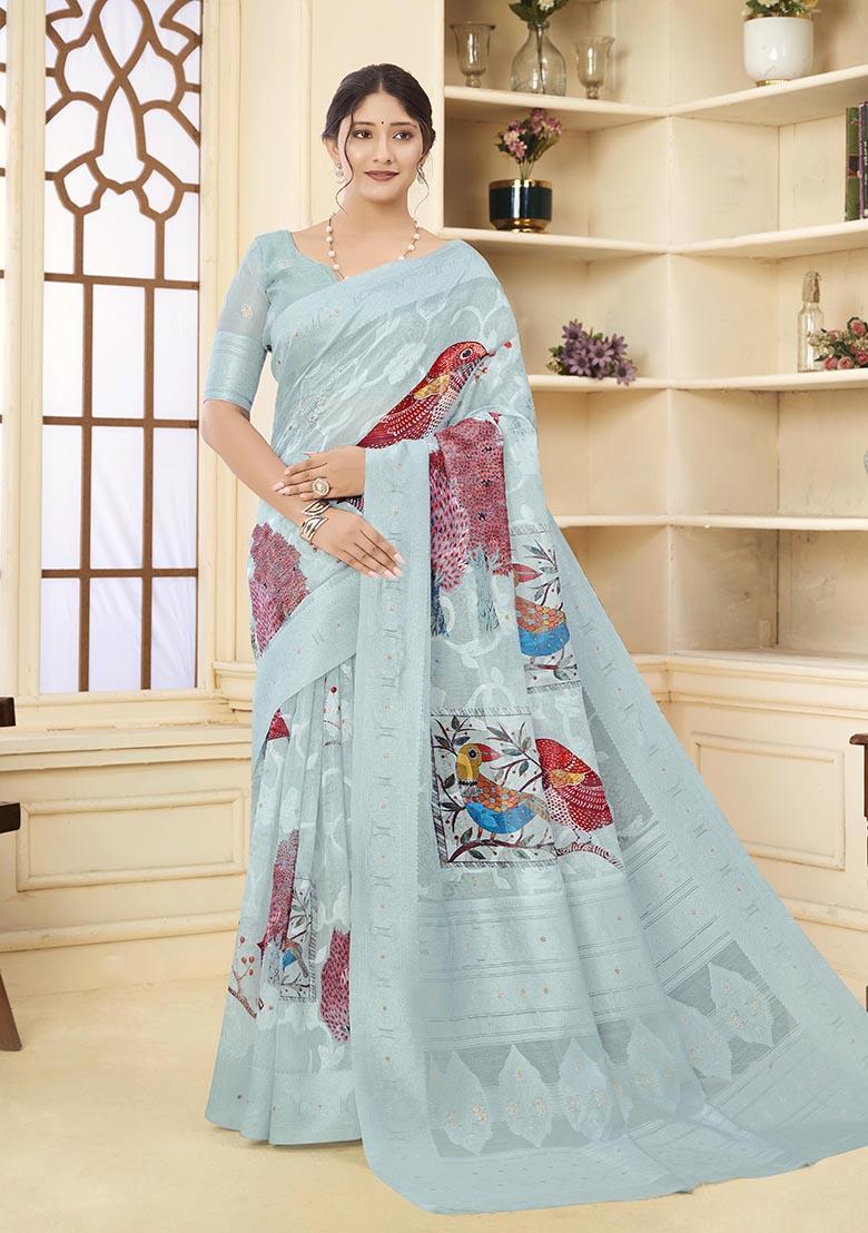 Sky Blue Wevon Jacquard Designer, Printed Rich Silk Saree Set