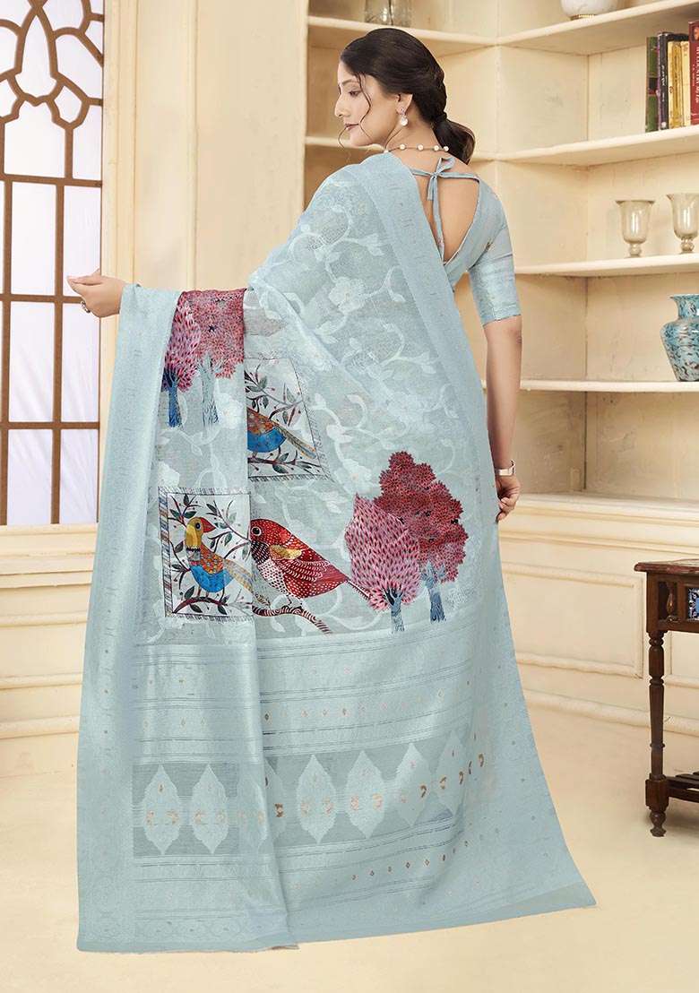 Sky Blue Wevon Jacquard Designer, Printed Rich Silk Saree Set - Indya