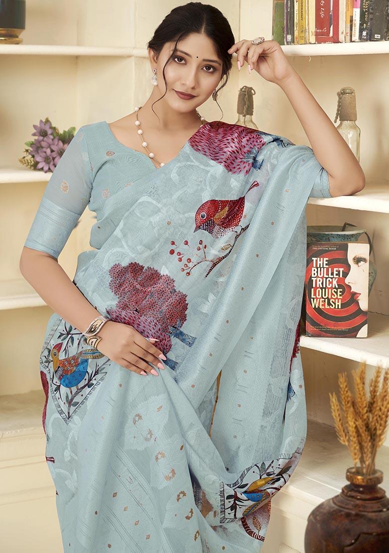 Sky Blue Wevon Jacquard Designer, Printed Rich Silk Saree Set