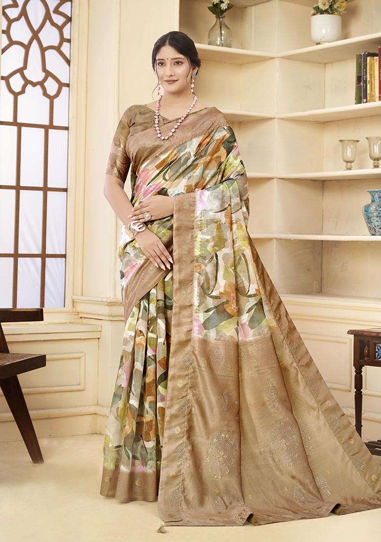 Brown Wevon Jacquard Designer, Printed Rich Silk Saree Set - Indya