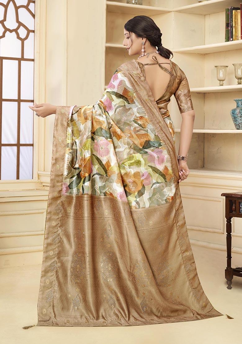 Brown Wevon Jacquard Designer, Printed Rich Silk Saree Set