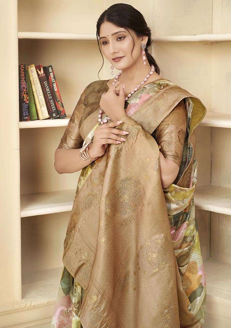 Brown Wevon Jacquard Designer, Printed Rich Silk Saree Set - Indya