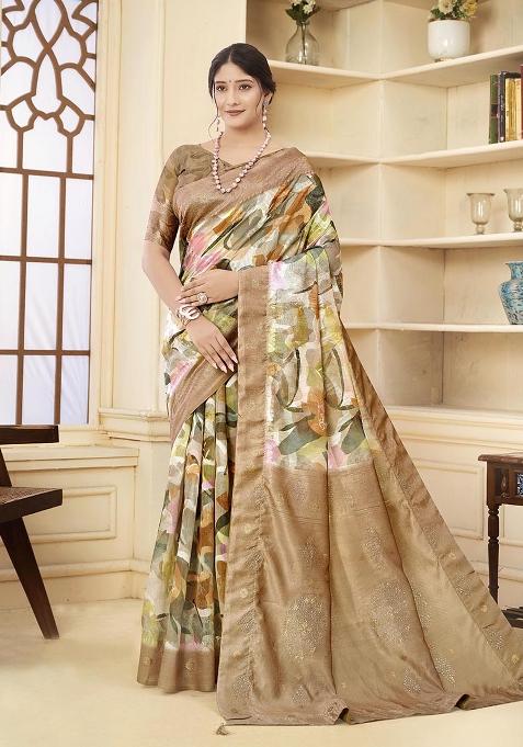 Brown Wevon Jacquard Designer, Printed Rich Silk Saree Set