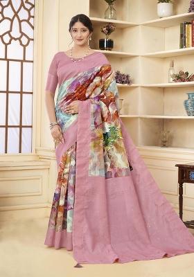 Pink Wevon Jacquard Designer, Printed Rich Silk Saree Set