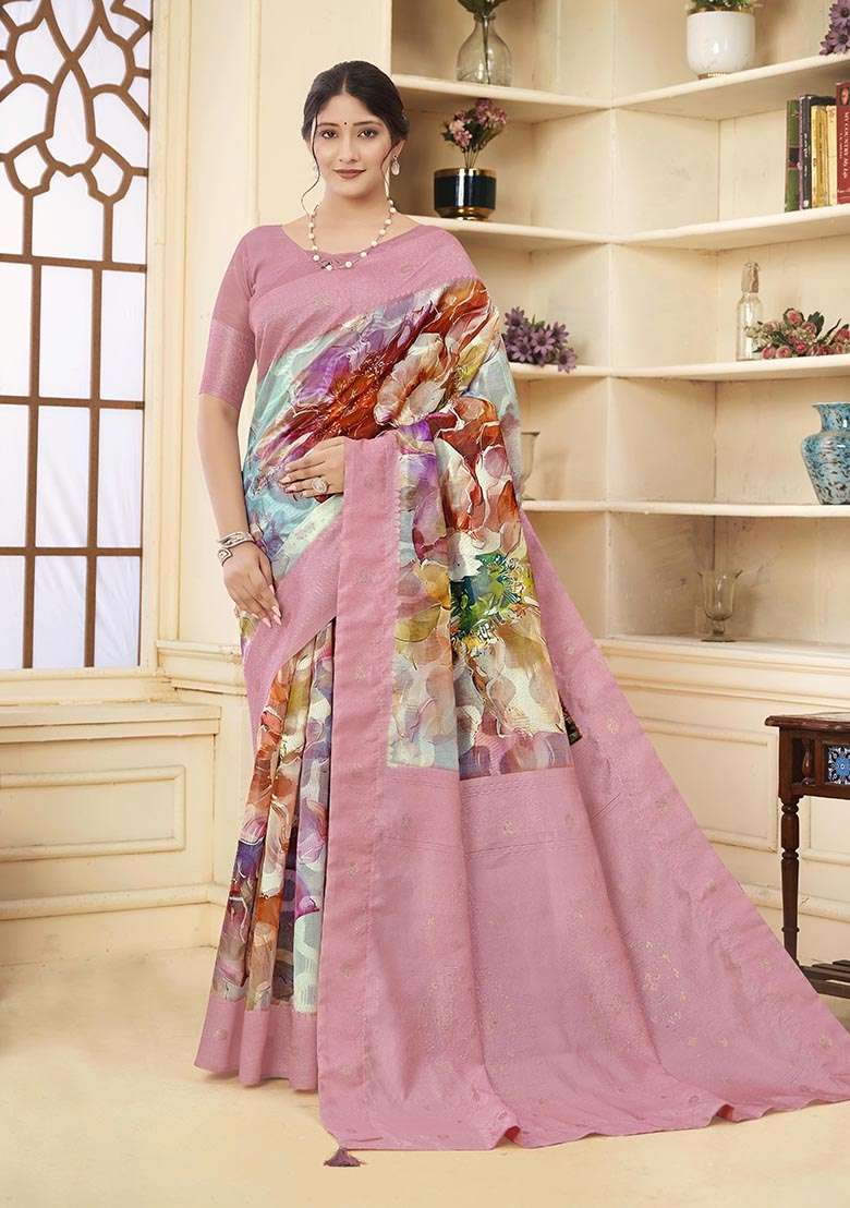 Pink Wevon Jacquard Designer, Printed Rich Silk Saree Set - Indya