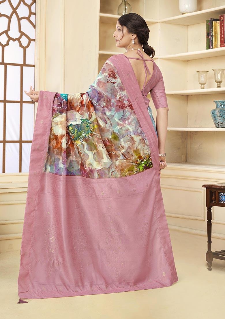 Pink Wevon Jacquard Designer, Printed Rich Silk Saree Set