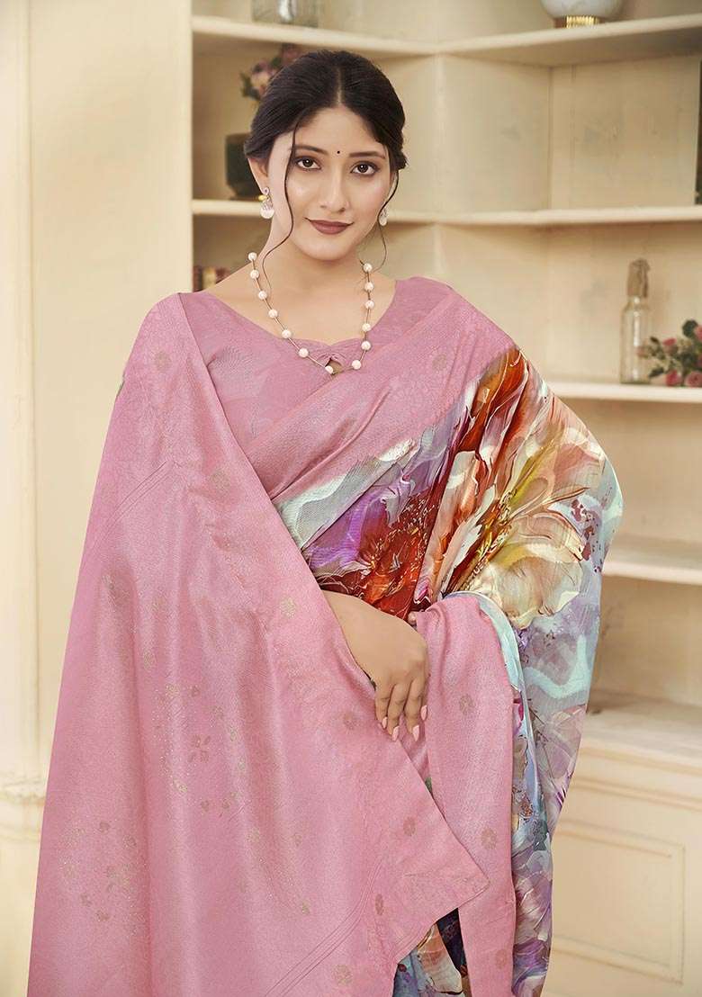 Pink Wevon Jacquard Designer, Printed Rich Silk Saree Set - Indya