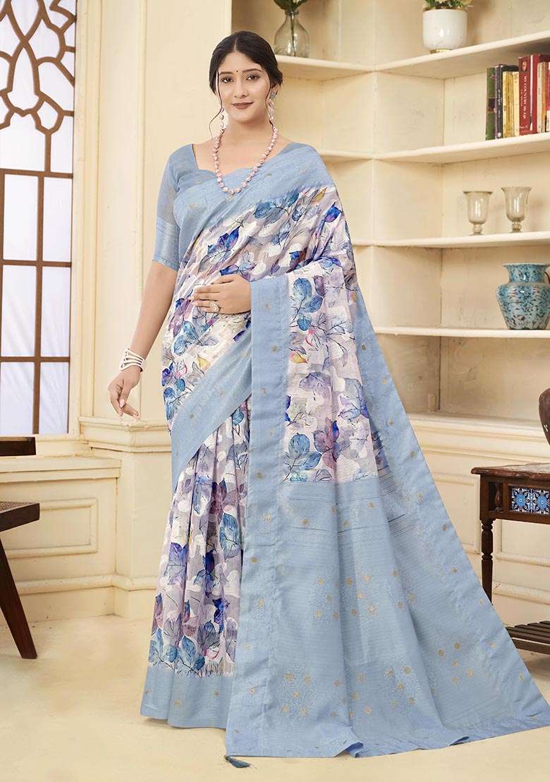 Aqua Blue Wevon Jacquard Designer, Printed Rich Silk Saree Set - Indya