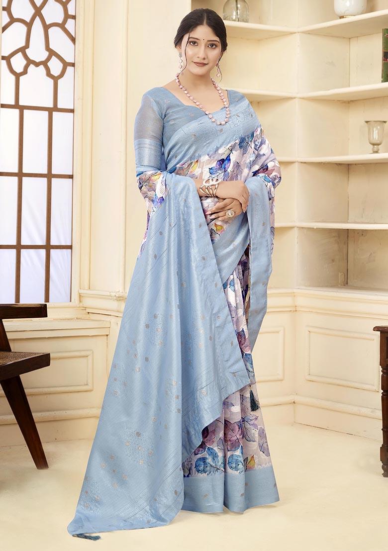 Aqua Blue Wevon Jacquard Designer, Printed Rich Silk Saree Set