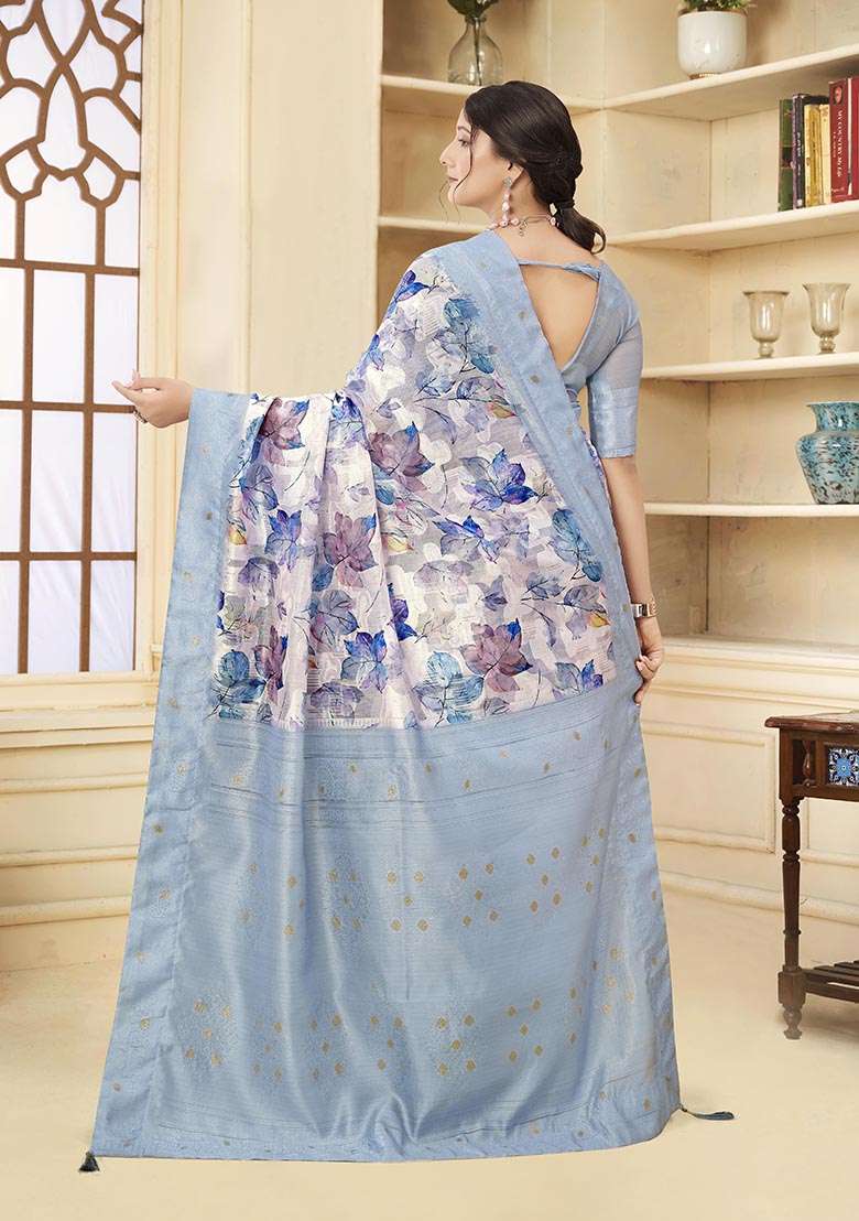 Aqua Blue Wevon Jacquard Designer, Printed Rich Silk Saree Set - Indya
