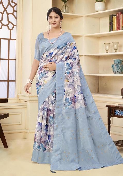 Aqua Blue Wevon Jacquard Designer, Printed Rich Silk Saree Set