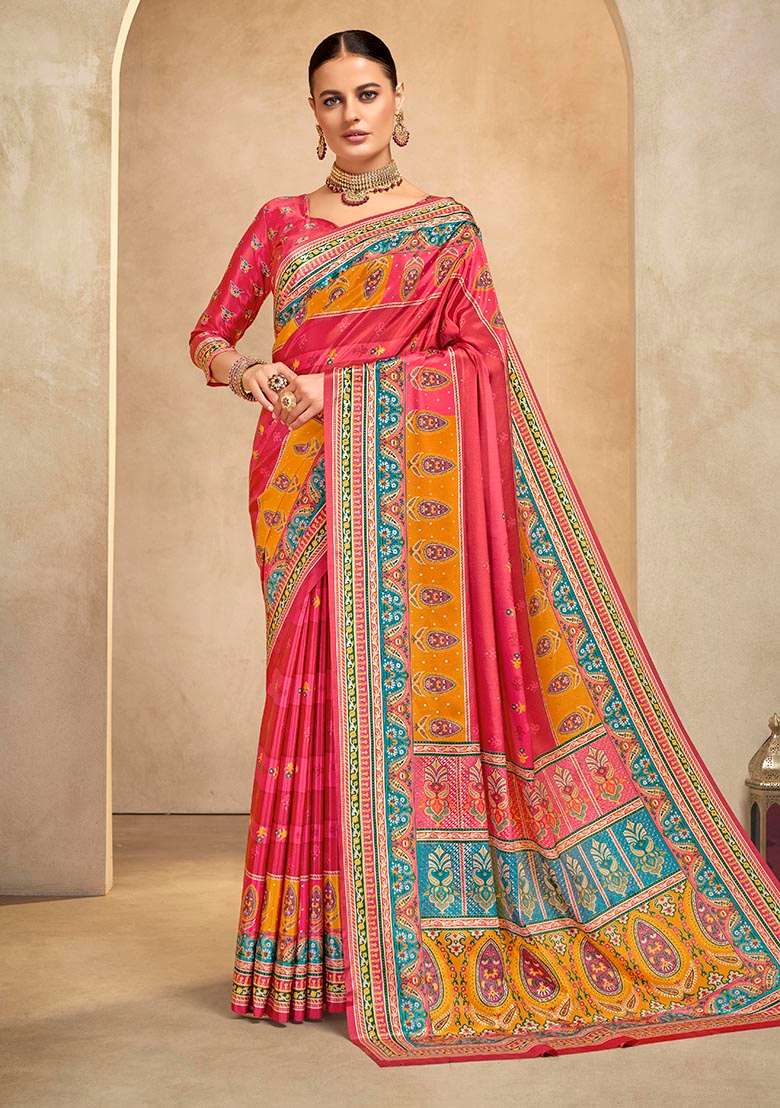 Gajari Pink Position Digital Foil Printed Crepe Silk Saree Set - Indya