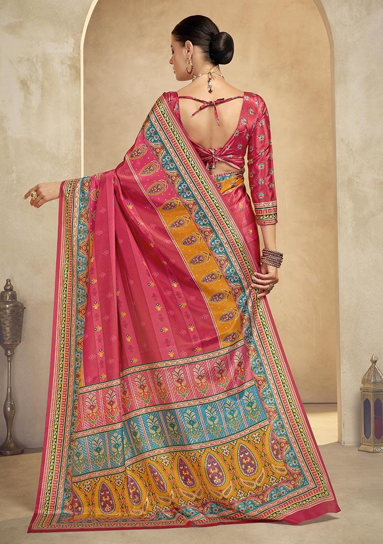 Gajari Pink Position Digital Foil Printed Crepe Silk Saree Set