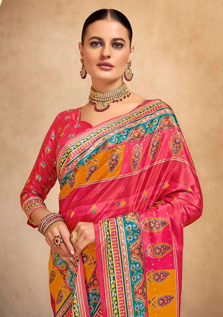 Gajari Pink Position Digital Foil Printed Crepe Silk Saree Set - Indya